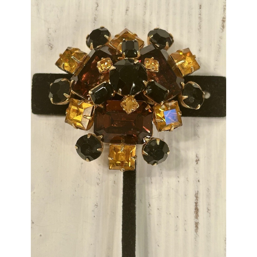 ORIGINAL BY ROBERT  VTG Brooch Pendant Black Gold Amber Faceted Stones Prong Set